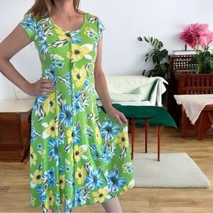 Vintage 90s Floral Green ribbed Maxi Dress